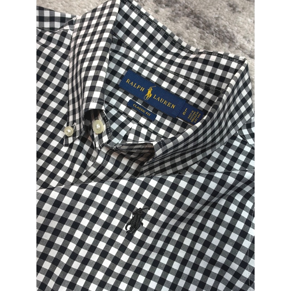 Ralph Lauren Button Down Shirt Mens L Black Gingham Classic Fit Long Sleeve